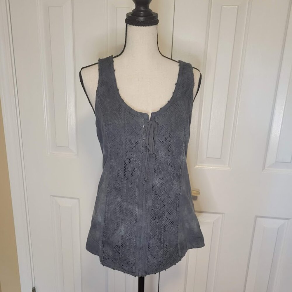 Free People Gray Lace Front Washed Tank Top Size L